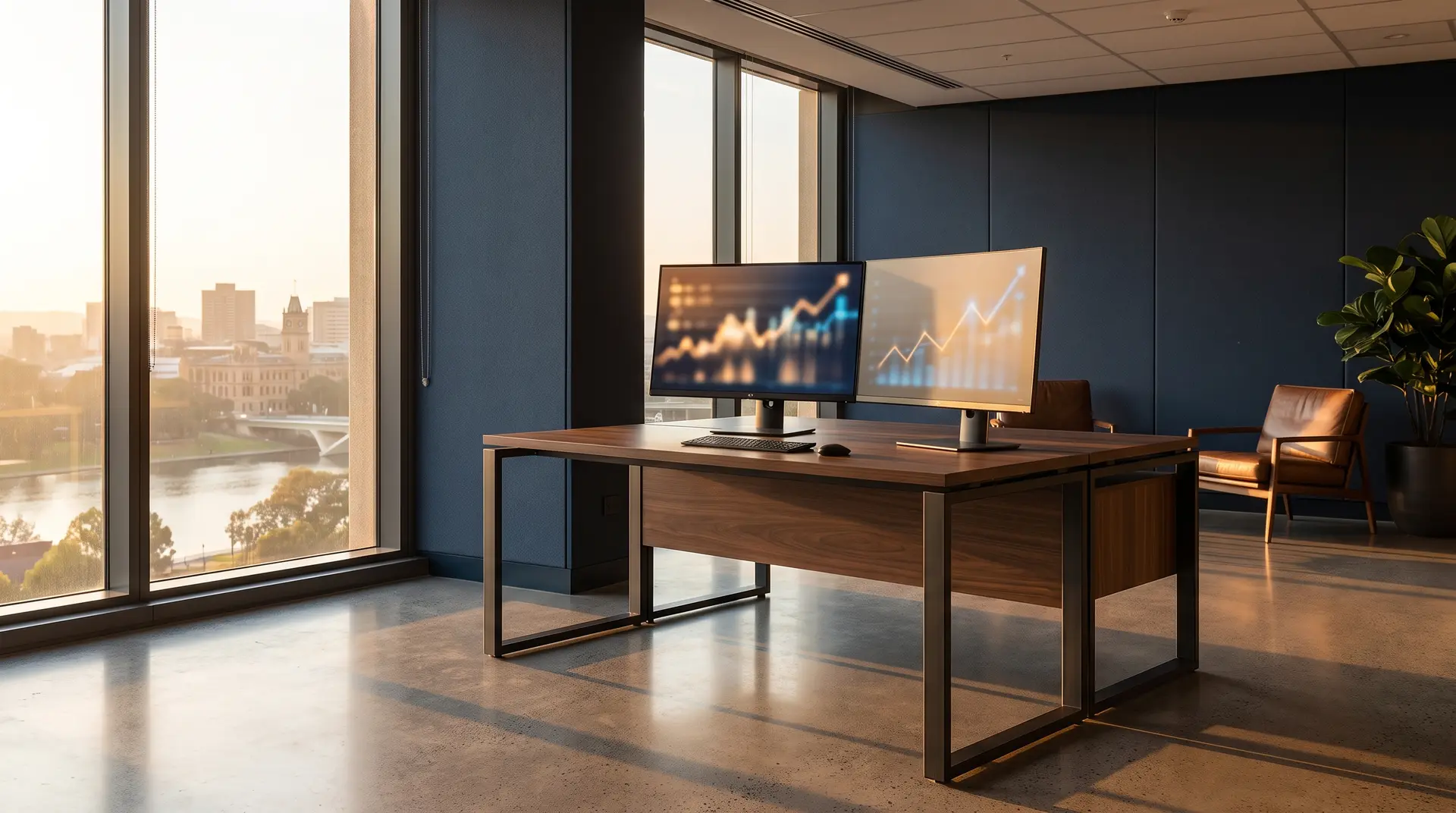 Adelaide agency workspace with paid-search performance graphs at golden hour